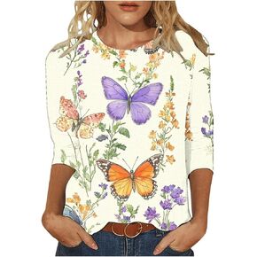 Womens 3/4 Sleeve Shirts Cute Print Graphic Tees Plus Size Butterfly Tshirts Sunflower Casual Workout Going Out Tops