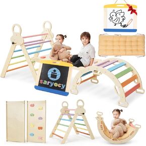 Pikler Triangle مجموعة للأطفال ، 8 في 1 ألعاب Montessori كبيرة التسلق للأطفال الصغار 1-6 داخل المنحدر ، والقوس والمثلث القابل للطي ، وملعب داخلي للأطفال الخشبي