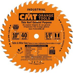 CMT 214.040.10 Industrial Thin Kerf General Purpose Saw Blade, 10-Inch x 40 Teeth 20° ATB Grind with 5/8-Inch Bore, PTFE Coating