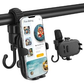 2 in 1 Baby Stroller Cell Phone Holder 360 Degree Rotate Universal Clamp Pram Wheelchair Accessory Mount Bracket Bicycle Phone Stander with Double Hook, Removable