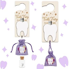 3PCS Tooth Fairy Tooth Holder, Tooth Fairy Door Hanger with Money Slot, Keepsake Bottle & Burlap Pouch for Lost Teeth, Encourage Gift for Boys Girls,Pink