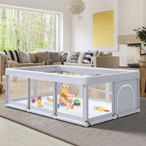 74" ×50" Large Baby Playpen, Baby Playard for Babies and Toddlers, Baby Fence Play Pens for Indoor & Outdoor, Sturdy Safety Play Yard with Soft Breathable Mesh, Anti-Fall, Grey