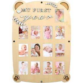 My First Year Picture Frame,One Year Of Photo Board, Baby's First Twelve Months Photo Collage and Gender Neutral Keepsake, Ideal for Baby Shower,New Mom Keepsake Gift and Nursery Decor - With Stand (Elephant sign)