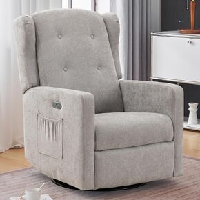Power Swivel Rocking Recliner Chair, Electric Rocker Nursery Glider Chair, USB and Type-C Ports, Upholstered Teddy Fabric Reclining Single Sofa Chair for Living Room (Teddy Grey)