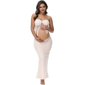 JustVH Women's Maternity 2 Piece Outfits Dress Lace Tube Top Hollow Out Skirt for Photoshoot Baby Shower