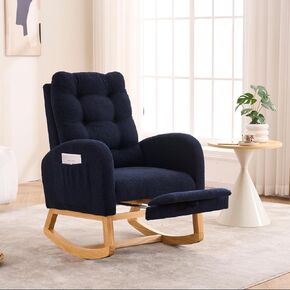 Nursery Rocking Chair,Rubber Wood Base Glider Rocking Chair with Adjustable Footrest and Side Pocket,Teddy Fleece Glider Rocker for Living Room, Bedroom (Shaker Fleece, White)
