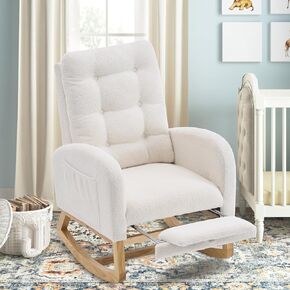 Nursery Rocking Chair with Retractable Foot Rest, Teddy Glider Rocking Chair, Mid Century Rocker Chair, High Back, Solid Wood Legs, Beige