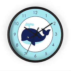 Whale Nursery Clock | 10 Inch Round Wall Clock | Quiet Tick | Navy and Aqua (Natural)
