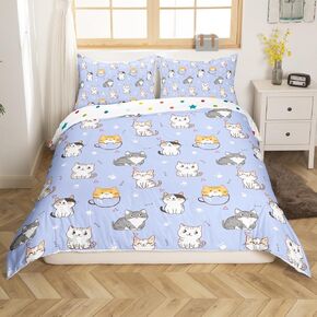 Erosebridal White Cat Comforter Cover Cute Kawaii Bed Set for Kids Toddler, Cartoon Animal Duvet Cover Twin Size Rainbow Kitten Bedding Sets Colorful Love Heart Bedspread Cover, Purple 2pcs