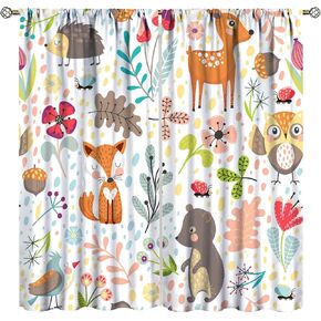 Kids Animal Curtains Cartoon Woodland Bear Child Nursery Colorful Wildlife Jungle Forest Rod Pocket Curtain Baby Boy Girl Bedroom Decor Living Room Window Drapes Fabric 2 Panels 42x54 Inch