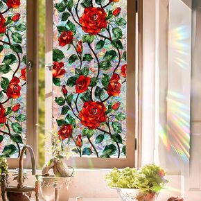 Floral Stained Glass Window Film，Stained Glass Window Film,Ideal for Office and Window Privacy Decorations (Type J)