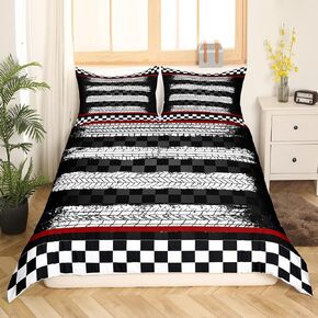 Race Car Duvet Cover Toddler Size,Racing Track Black White Grid Bedding Set 2 Pcs for Boys Girls,Extreme Sports Comforter Cover(No Filler),Kids Quilt Cover
