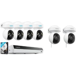 Reolink Camera System مع PT Auto-Tracking ، 4K Poe Cameras Surveillance Wired Outdoor ، الكشف الذكي ، الأضواء ، 8Ch NVR 2TB HDD ، RLK8-800PT4 مع 2PCS E1 Outdoor SE POE