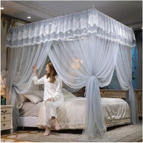 4 Corner Post Bed Canopy Mosquito Net - Lace Bed Cover with Stainless Steel Stand for Princess Room Decoration(Blue-2,180X220cm/71X87in)