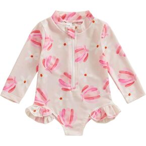 Infant Baby Swimsuit Girls Long Sleeve UPF 50+ Floral Print Zipper Swimwear Sun Protection Rash Guard Toddler Bathing Suits