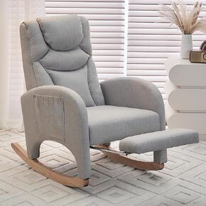Rocking Chair Nursery,Modern Glider Chair with Adjustable Footrest and Solid Wood Legs,High Backrest Nursery Chair with Side Pocket,Rocker Armchair for Living Room Bedroom Cotton Linen, Beige in Kuwait