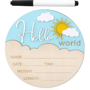 علامة إعلان الطفل ، 5.9 بوصة طراز أشعة الشمس على طراز خشبي Hello World Sign Name Baby Name Plaque لمستشفى الحضانة Prop Prop Decoration (Blue)