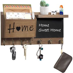RELBRO Key Holder Wall Mount, Wooden Chalkboard Mail and Key Organizer with Shelf, 12 Key Hooks, White