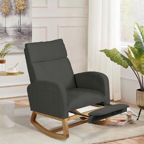 Rocking Chair Nursery, Glider Rocker Chair w/Retractable Footrest & High Backrest, Teddy Upholstered Rocking Chair w/Side Pockets, Modern Accent Chair for Living Room/Bedroom, Dark Grey