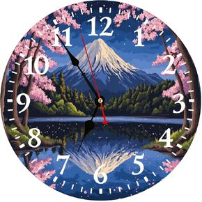 Wall Clock Cherry Blossoms Mount Blossoming Lake Snow capped Mountain Reflections Hanging Clocks Silent Non-Ticking Round Rustic Wall Clocks Decor for Living Room Nursery Battery Operated 12 Inch