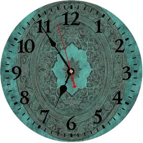Wall Clock Turquoise Floral Motif Circular Pattern Scrollwork Central Blossom Hanging Clocks Silent Non-Ticking Round Rustic Wall Clocks Decor for Living Room Nursery Battery Operated 12 Inch