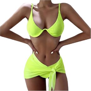 Three Piece Swimsuit for Women Solid Color Ribbed Bikini Sets Padded Push Up Swimwear Adjustable Strap Sexy Beachwear