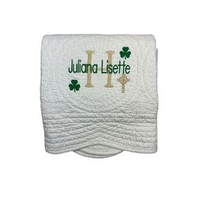 Personalized Baby White Quilt Irish Baptism Gifts Green Shamrock Monogrammed Blanket for Kids baby blankets embroidered baby gifts soft for toddler girl or boy Crib size