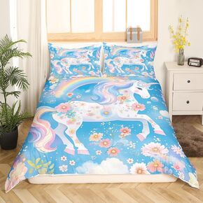 Castle Fairy Kids Unicorn Duvet Cover Set Toddler Size,Kawaii Wildlife Animal Bedding Set,Watercolor Rainbow Stars Clouds Quilt Cover for Kids,Comforter Cover(No Filler),2 Pcs