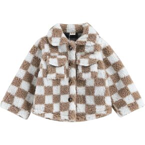 Toddler Kids Fleece Jackets Checkerboard Button Winter Warm Sherpa Coat Outwear for Boys Girls