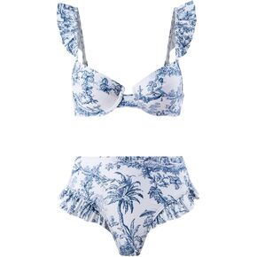 Catalpalev Women's Two Piece Swimsuit Floral Print High-Waisted Slimming Bikini Set Beach Swimwear Bathing Suit