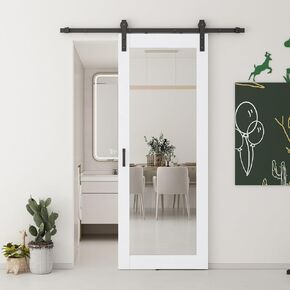 JUBEST 36x80 in Mirror Barn Door and 6.6FT Sliding Door Hardware Kit Included, White Full Length Mirror, Solid Wood Panel Covered with Water-Proof PVC Surface, No Assembly Required