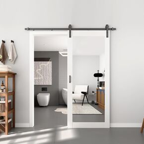 Barnsmith 34in × 84in باب حظيرة مرآة مع مجموعة أجهزة الباب المنزلق 6 أقدام شملت ، 1 Lites الطول الكامل ، سطح PVC الخشب الصلبة ، لا يوجد تجميع مطلوب ، أبيض
