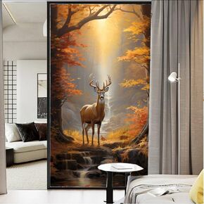 Rustic Deer Window Film Decorative Forest Nature Sunshine Wildlife Cute Animals Stained Glass Window Film Sun Blocking Heat Control Adhesive Window Covering Film for Home Office 35.4Wx55.1L inch