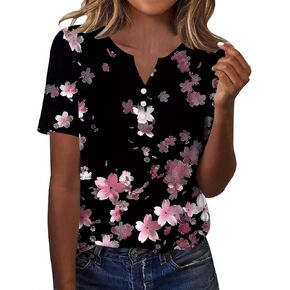 Womens Summer Tops Short Sleeve V Neck Henley Tops Floral Shirts Elegant Dressy Blouse Tunic Causal Loose Fit Tees