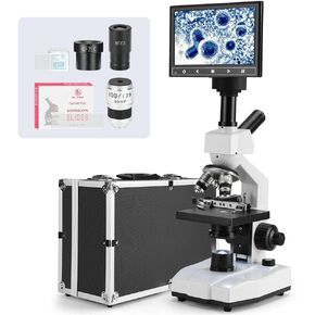 [Dual-View] Vabiooth Lab Compound Monocular Microscope 40X-2500X Magnification with 7" Monitor, Wide-Field 4X/10X/40X(s)/100X(Spring Oil) Eyepieces, Adjustable Mechanical Stage, Aluminum Carry Box