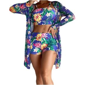 Womens 3 Pieces Bikini Set Swimsuit Tropical Beach Cover up Kimono Swimwear Summer Bathing Suit with Boy Shorts