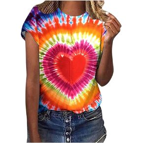 Womens Teen Girls Tie Dye T-Shirt Plus Size Short Sleeve Summer Tops Rainbow Casual Loose Fite Cute Out Tees Tshirt