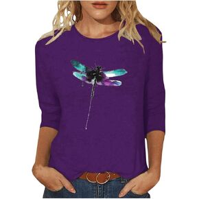 Dragonfly Shirts Women's Graphic Tees 3/4 Sleeve Tops Plus Size Casual T Shirts Tops Plus Size Clothes Funny Tshirts