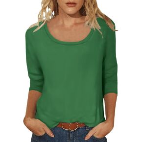 Scoop Neck 3/4 Sleeve Tees for Women Dressy Casual Gradient Tunic Solid Color Block Tops Blouses Summer Stripes Tee