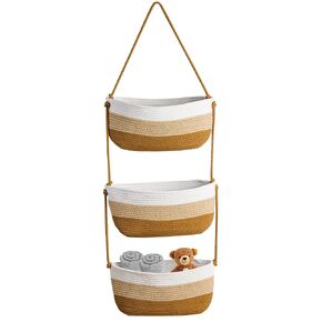 Over The Door Organizer Hanging Basket for Nursery Decor Stuffed Animal Storage Baskets Boho Wall Decor Basket for Bathroom Bedroom Playroom - White&Beige
