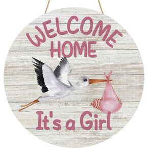 Welcome Home Baby Girl Door Sign Wood Door Hanger for Outdoor Outside Porch Farmhouse Newborn Gender Reveal Stork Wooden Indoor Wall Hanging Decoration