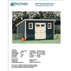 10' x 16' Deluxe Shed Plans, Modern Roof Style Design #D1016M, Material List and Step By Step Included