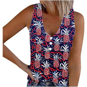 Womens American Flag Print Button V-Neck Tank Tops Coloful Sleeveless Patriotic Slim Basic Henley Shirts Summer Tops
