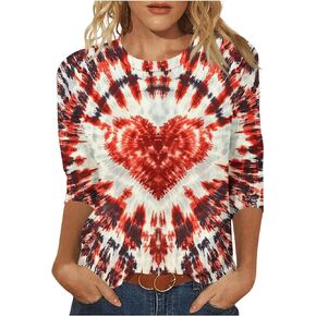 Tie Dyed Hippie Heart Shirts Womens Tops Tshirts Three Quarter 3/4 Sleeve Cute Tees Hip Hop Streetwear Apparel Clothes