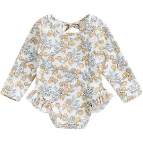 Kids Girl Summer Swimsuits Floral Print Long Sleeve Ruffles Jumpsuit Swimwear Beachwear Bathing Suits