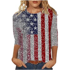 Summer Tops for Women 4th of July 3/4 Length Sleeve Crew Neck Shirts for Women Patriotic Casual American Flag Tshirt