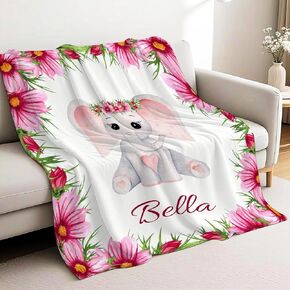 Custom Rainbow ElephantBlanket for Girls Boys, Floral Personalized Baby Blankets with Name, Woodland Animal Customized Throws Gifts for Newborn Lightweight Flannel Fleece Infant Toddler Bedding
