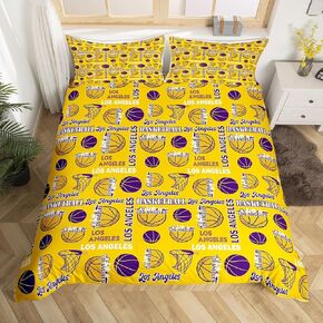 jejeloiu Purple Yellow Basketball Bedding Set Toddler Size Kids Los Angeles Comforter Cover for Boys Girls Teens Basketball City Duvet Cover Breathable Soft Lightweight Gaming Sports Room Decor