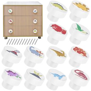 YJ 12Pcs White Wooden Drawer Knobs with Screws 35mm Dinosaur Pattern Round Dresser Knobs Decorative Wood Cabinets Handles Creative Drawer Pull Handle for Nursery Cabinet Closet SHAFUFU