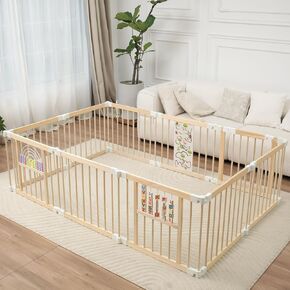 Foldable Wooden Baby Playpen Activity Center,Adjustable Size & Shape Portable Play Yard, Baby Fence Play Area with Gate for Indoor Use for Babies and Toddlers(82x55x24inches)